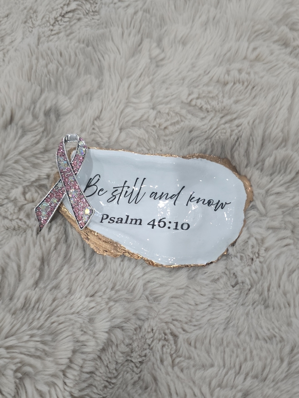 Pink Rhinestone Awareness Ribbon on White Scripture Trinket Dish
